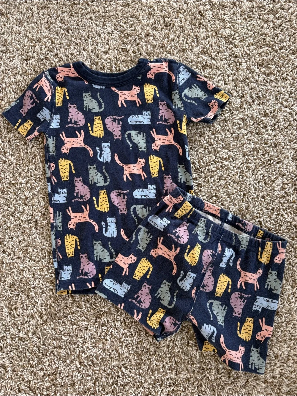 Quince Navy Short-Sleeve Cat Print Pajama Set - Pink, Yellow, Blue, Green, Gray